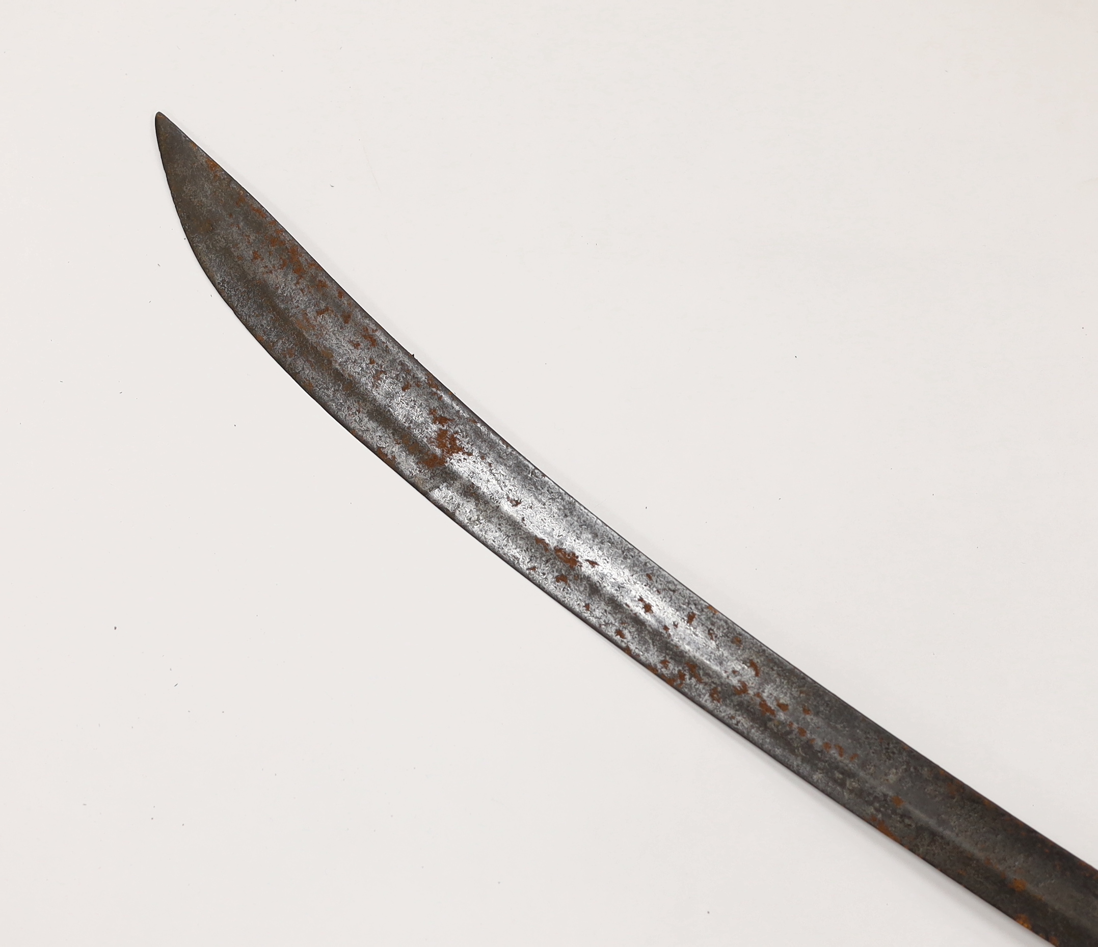 An English hangar, mid 17th century, curved fullered blade engraved with spurious date 1535 and running wolf mark, iron guard slightly reduced and swollen pommel, spirally carved and chequered bone grip, blade 67.5cm